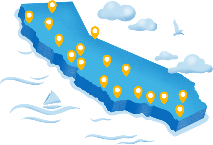 A drawing of the state of California with map markers across the state representing the CA Community Colleges.